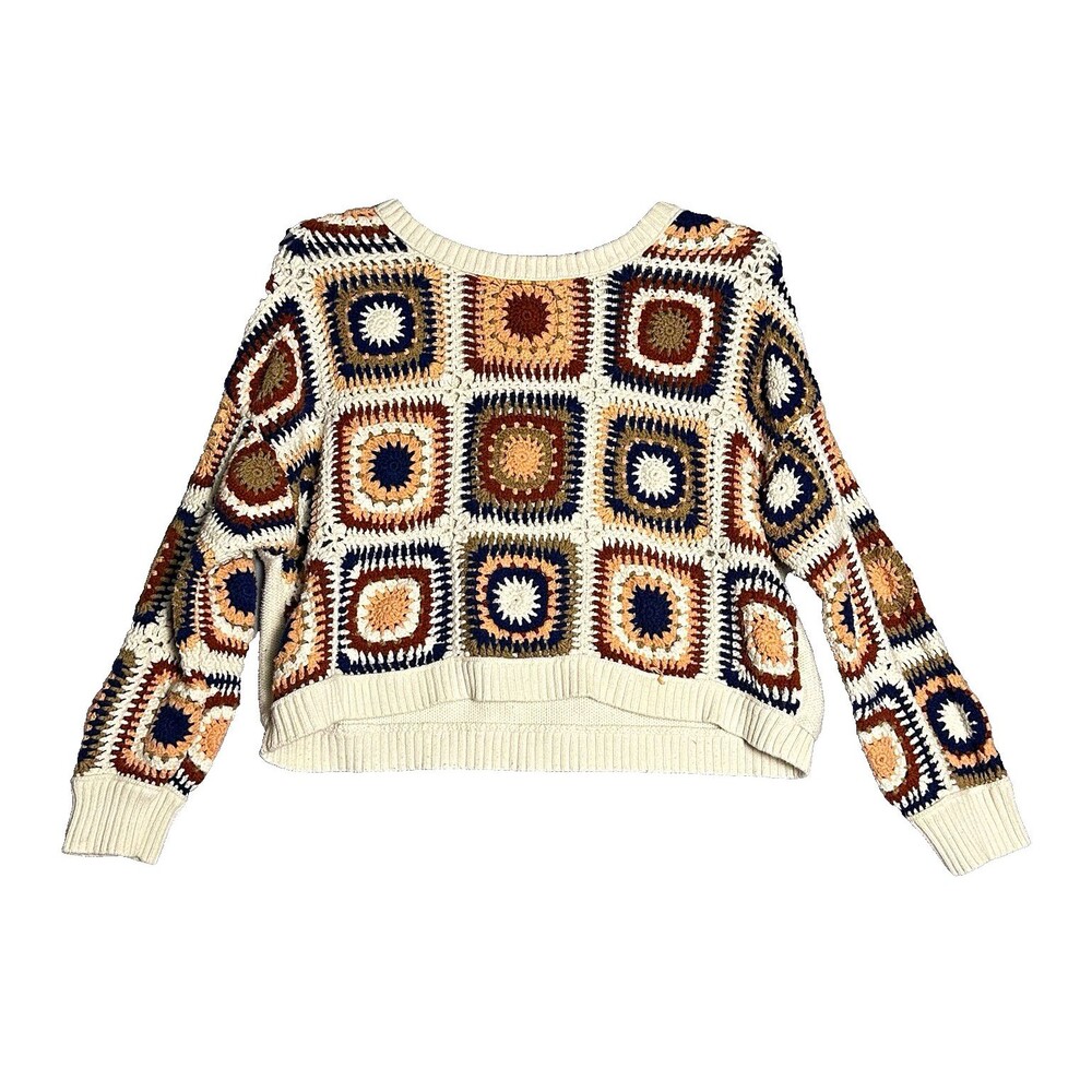 American Eagle Crochet Granny Square Pullover Sweater Womens XL Cotton Cropped